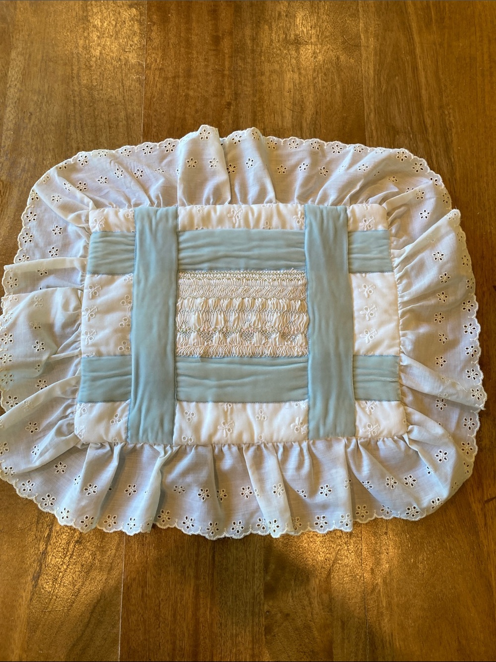 Handmade Eyelet Ruffled Pillow Sham Light Blue Velvet Accents 21x18 Grannycore
